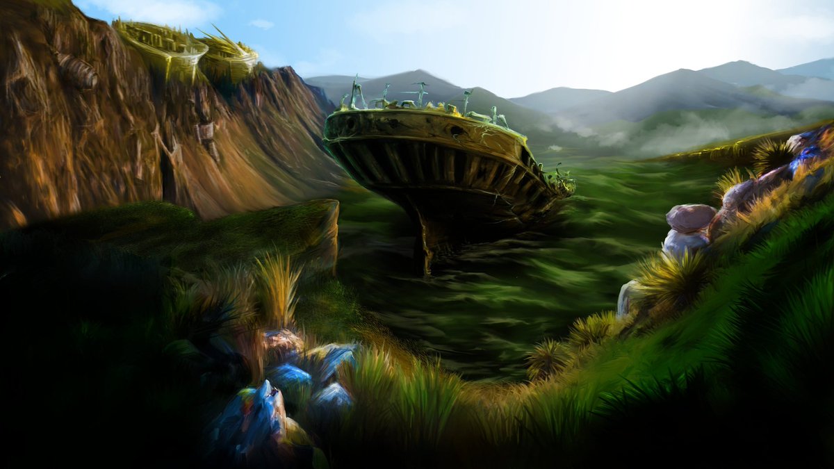 NatashaSkult's tweet photo. Progress from today's #twitch stream ✍
#gamedev #streaming #indie #indiegame #indiedev #rpg #digitalpainting #landscape #landscapepainting #ruins #scifi #ship #shipwrack #valley #claymancer #madewithwacom #wacom #GreenRecovery https://t.co/UGgnOTxLQP