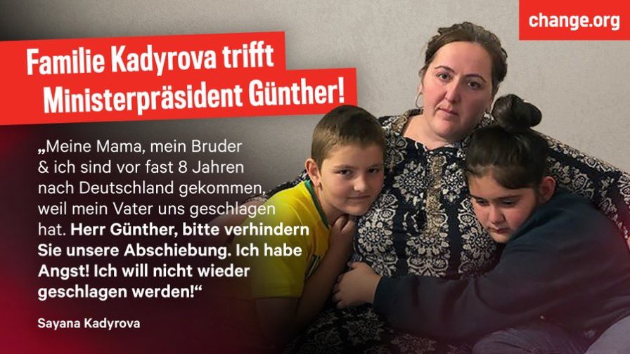 damitdasklaas's tweet photo. familie kadyrova aus schleswig-holstein kämpft gegen ihre abschiebung. die gründe sind schwer nachvollziehbar. morgen übergibt sayana (10) die petition persönlich an ministerpräsident daniel günther. hier kann man jetzt unterschreiben. macht das bitte! https://t.co/QZk6PXW7f5 https://t.co/8vwBPIF8fi
