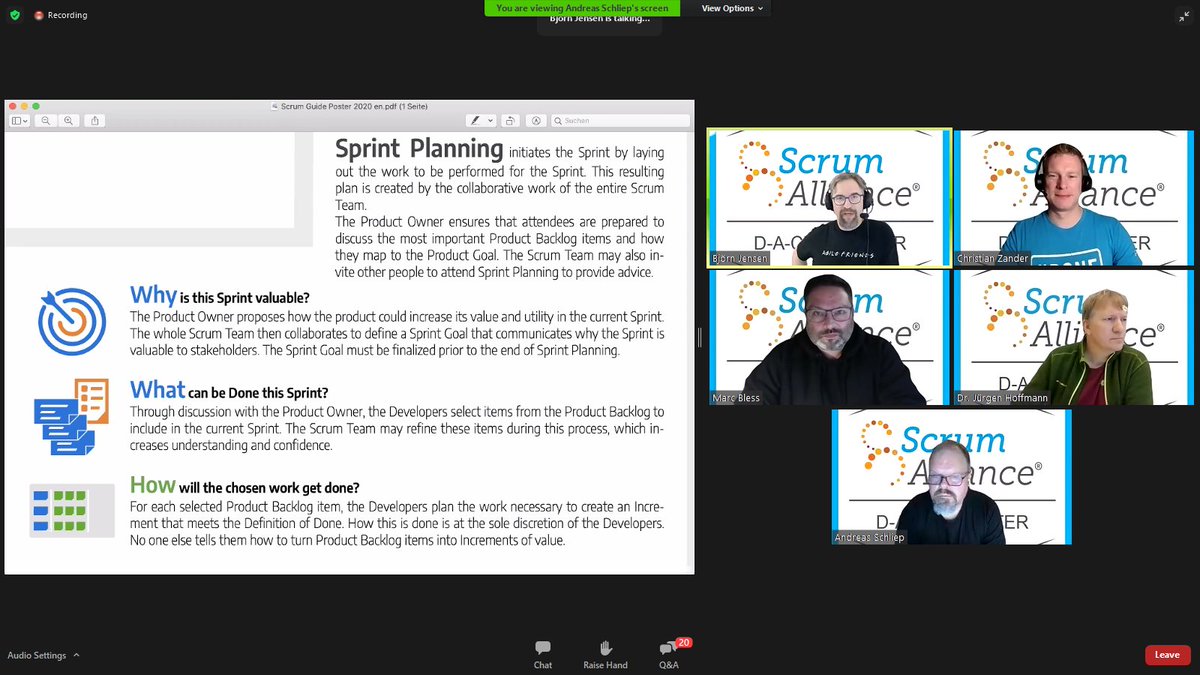 VHemmert's tweet photo. Danke an das @scrumdach Team für die Session zum heutigen Scrum Guide Revision/Update 2020. Der neue Scrum Guide 2020: https://t.co/RUJzKYobaB sowie die Änderungen 2020: https://t.co/41arIls9TK ...recording folgt online.... #scrumguide2020 #scrum25 @ScrumAlliance https://t.co/Sz5QQq1rbZ