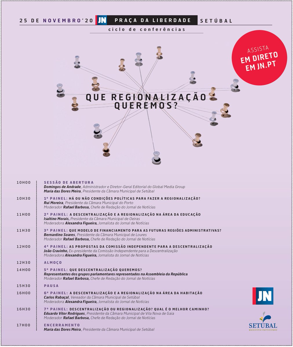 dores_meira's tweet photo. Programa completo da conferência "Que Regionalização Queremos", uma iniciativa do Jornal de Notícias em parceria com a CM Setúbal. https://t.co/LXH6oLwb4L