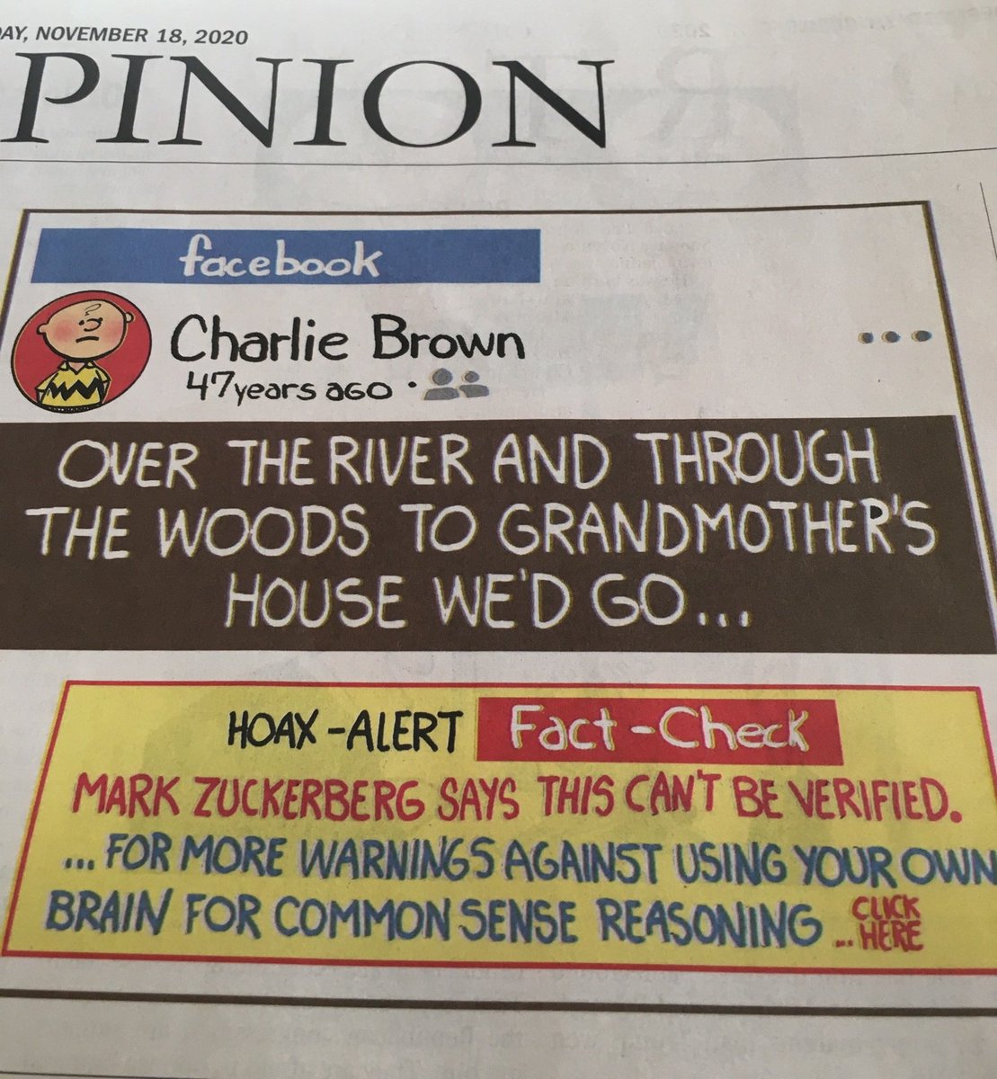 Also, if you can make sense of what point the local editorial cartoonist in my parent's newspaper is trying to make here, it absolutely broke my brain. His political opinions are pure garbage but beyond that, this cartoon's use of Charlie Brown is baffling to me.