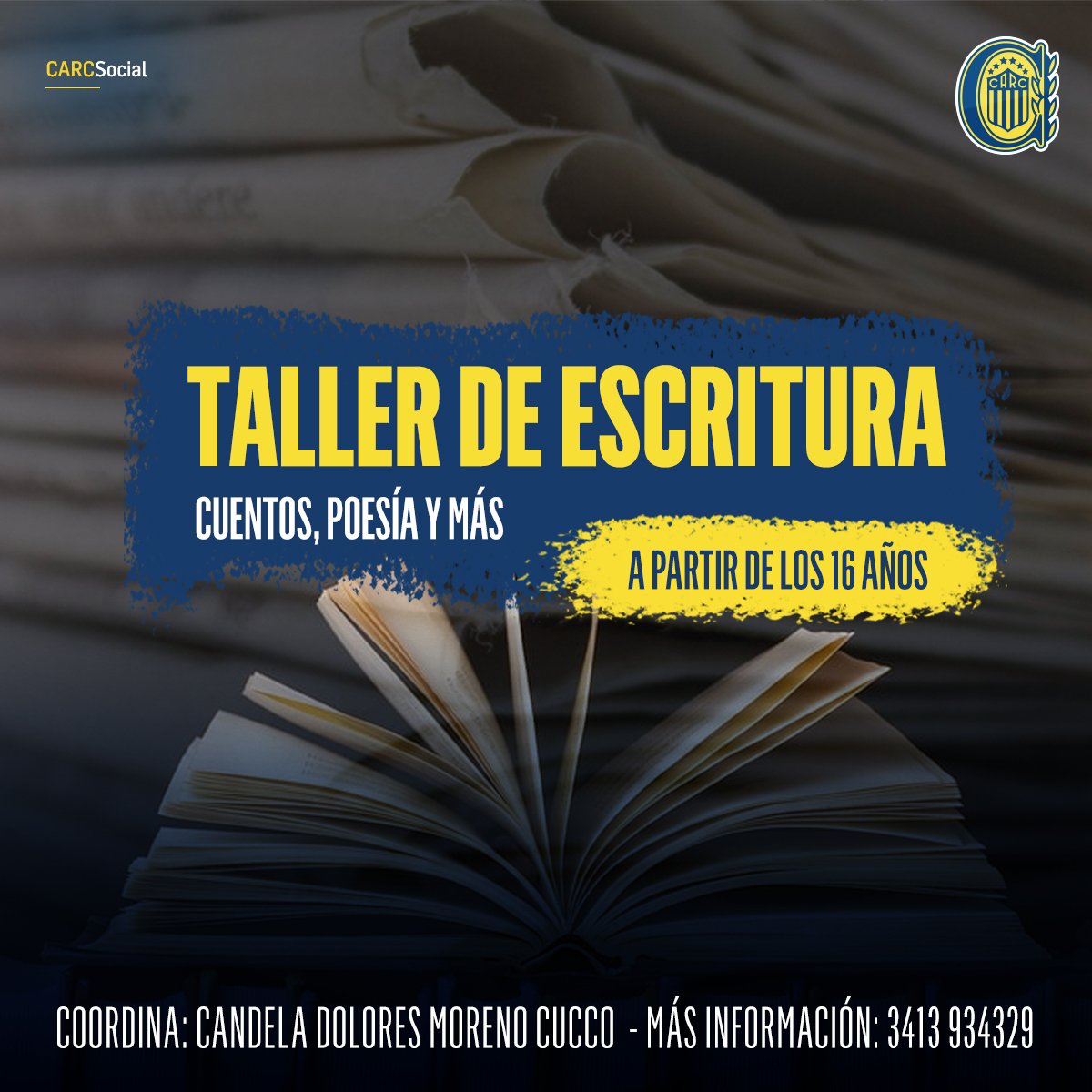 Voy a coordinar un taller de escritura de manera virtual en <a href="/CARCSocial/">Área Social | Club Atlético Rosario Central</a> y mi emoción es Gigante. Está orientado a la escritura literaria a partir de diferentes géneros discursivos. 

 No hace falta ser canaya ni de Rosario (pero qué lindo es).

Agradezco la difusión.