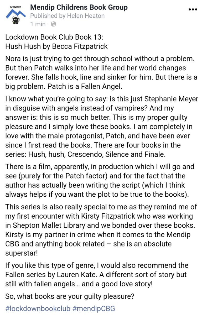 CbgMendip's tweet photo. Tonight's offering for you for #lockdownbookclub is the Hush Hush series by @becfitzpatrick ... I am completely in love with Patch! Have you read these amazing books @Scoobiesue2 @FCBGNews https://t.co/d3UgqUIFcn