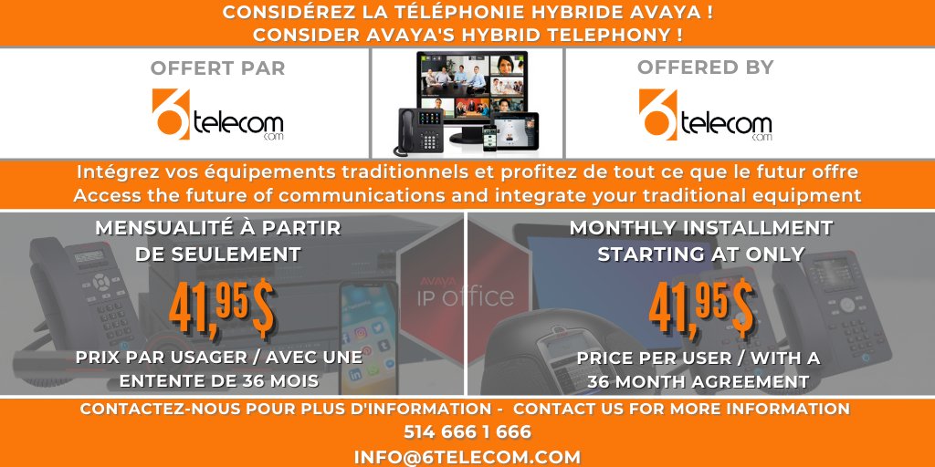 6Telecom's tweet image. Considerez la téléphonie hybride Avaya avec 6Telecom ! ☎📱💻 1 à 3 mois gratuits jusqu'au 31 décembre 2020 !*
Contactez-nous au 514 666 1 666 !📞
#telephone #promotion #servicegratuit #freeservice
mailchi.mp/6telecom.com/1…