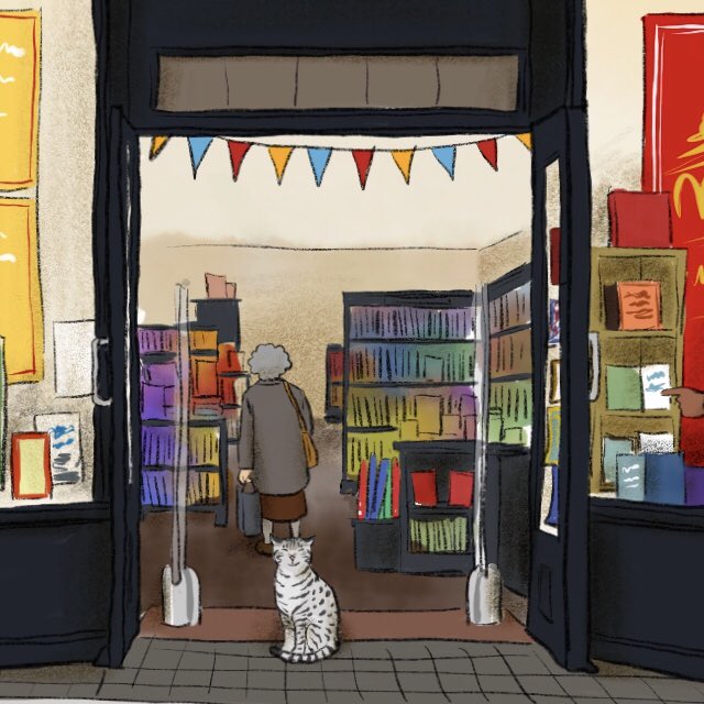 RickardSisters's tweet image. In the doorway of our #DrawMyBookshop you’ll spot Ralph (RIP), one of Rickard Sisters’ earliest and most encouraging reviewers.