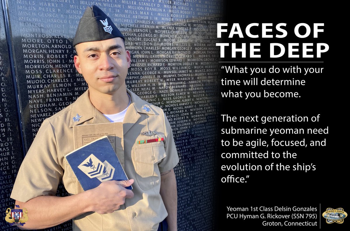 COMSUBLANT's tweet photo. FACES OF THE DEEP: Meet YNS1 Delsin Gonzales, assigned to PCU Hyman G. Rickover (SSN 795).
“What you do with your time will determine what you become. The next generation of submarine yeoman need to be agile, focused, and committed to the evolution of the ship’s office.” https://t.co/LpvyveOLTN