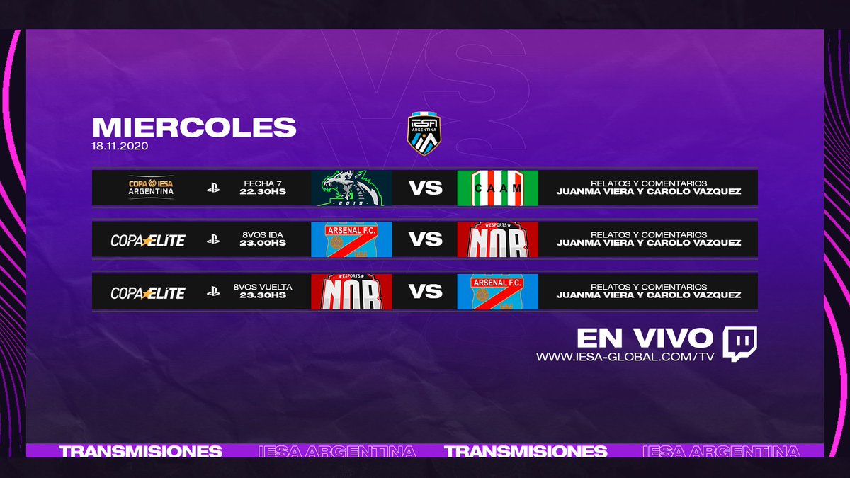 IESAFIFAar's tweet photo. 🖥 #IESATV

Hoy en nuestra pantalla tendremos la fecha 7 de la #CopaIESAArgentina  y los octavos de final de la #CopaIESAÉlite.

¿Tenes tus favoritos para ambos partidos? ⬇️

🕗 22:30hs 
🎙 @JuanmaViera27 y @CaroloVazquez 

➡️ https://t.co/zb8nZMZjWh https://t.co/WdHXfafl7K