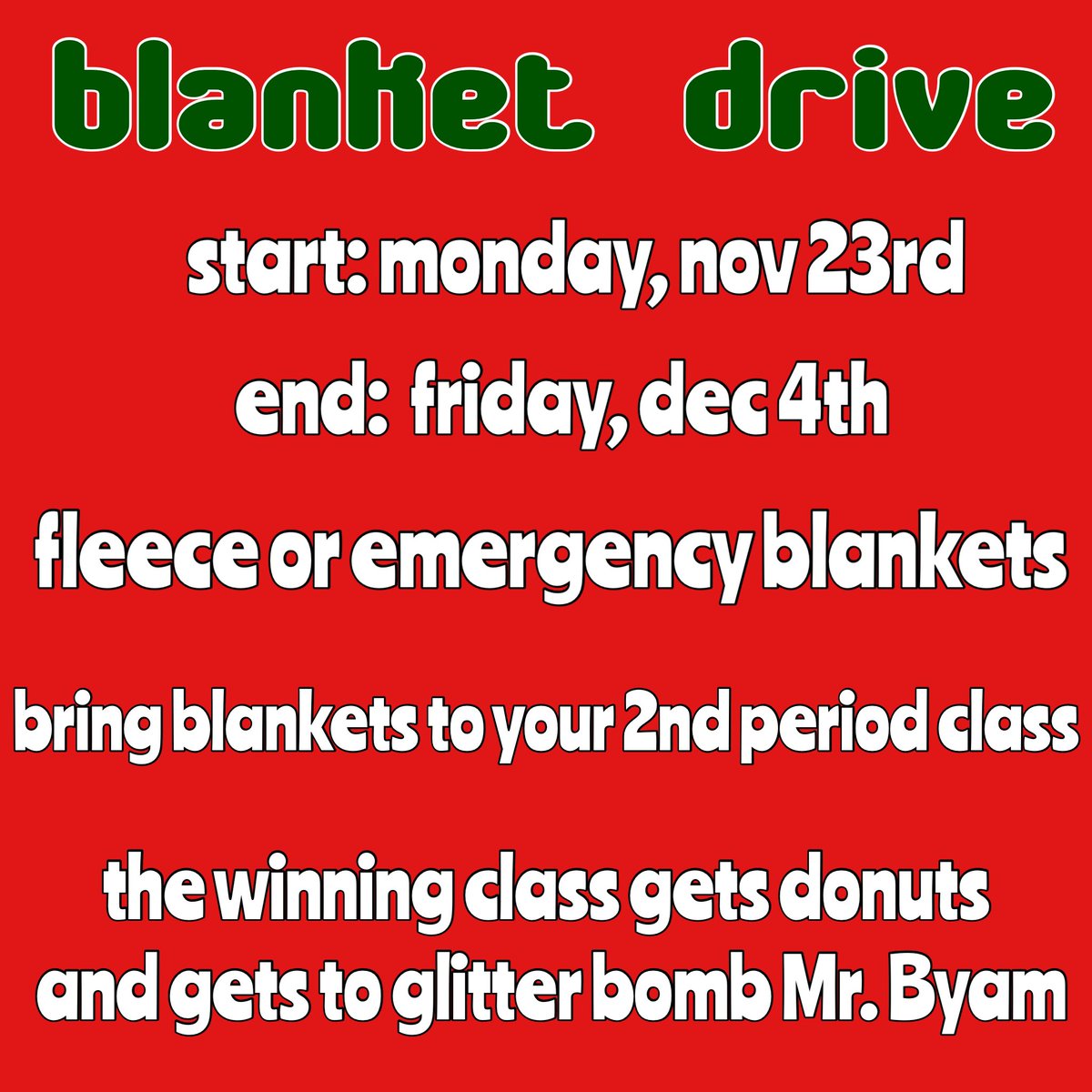 boonestuco_'s tweet photo. The stuco blanket drive will be from November 23rd to December 4th! Make sure to bring your blankets to your 2nd period teacher and drop them off in their box. If you have questions contact a stuco member! https://t.co/MVlhJg94od