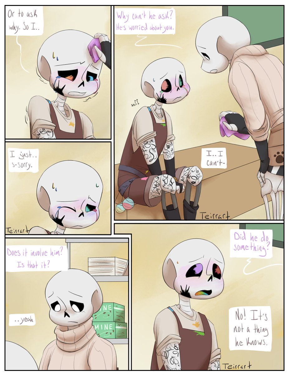 teirrart's tweet photo. part 7 is here!! WOOOOOOOOOOOOOO
we're finally getting some answers now eh lol poor Pigment I'm so sorry bb
#undertale #fluffytale #pigmentsans #pigmentink #ccinosans #sandysans #pridecomic #pigmentspride #comic https://t.co/bh005BuAFP