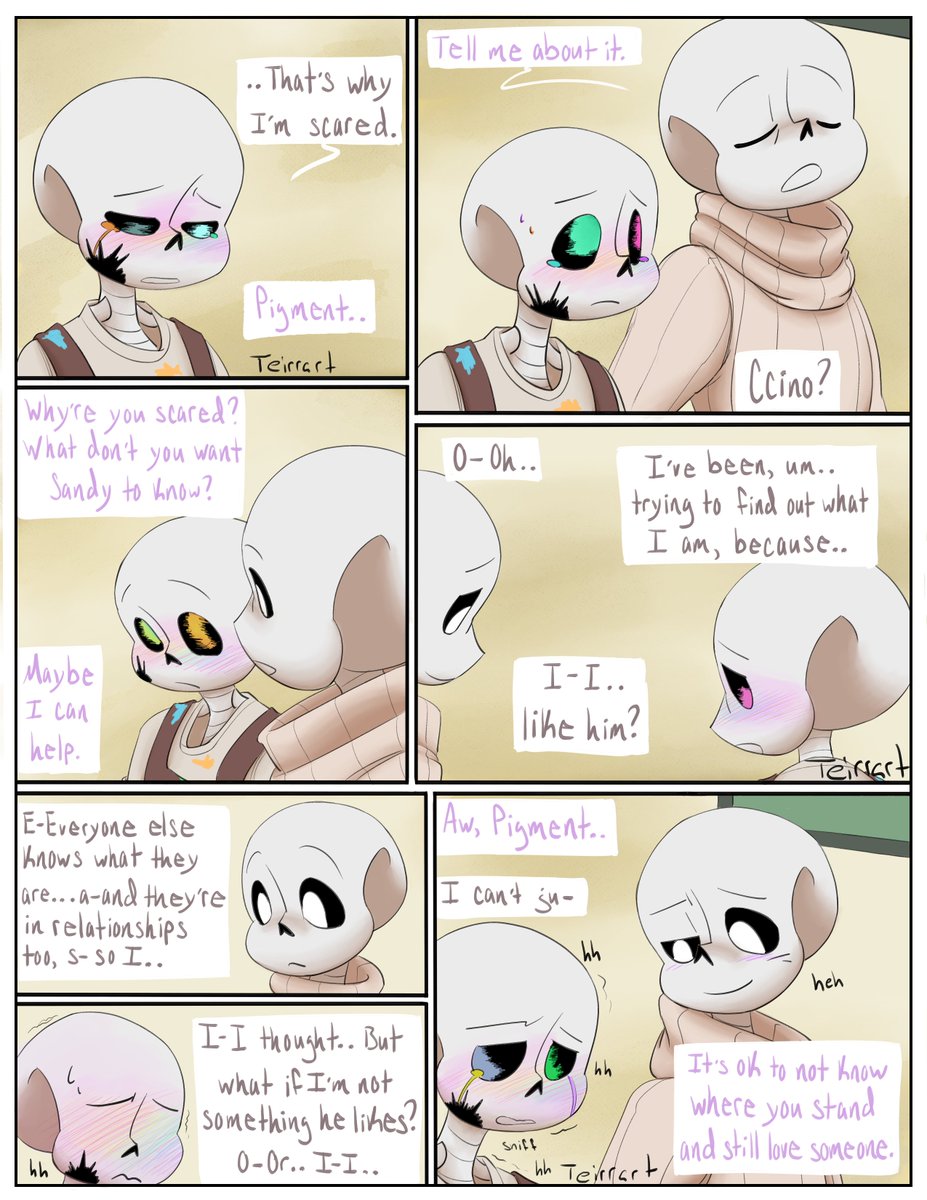 teirrart's tweet photo. part 7 is here!! WOOOOOOOOOOOOOO
we're finally getting some answers now eh lol poor Pigment I'm so sorry bb
#undertale #fluffytale #pigmentsans #pigmentink #ccinosans #sandysans #pridecomic #pigmentspride #comic https://t.co/bh005BuAFP