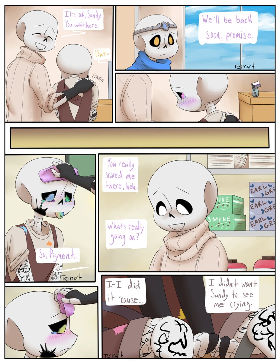 teirrart's tweet photo. part 7 is here!! WOOOOOOOOOOOOOO
we're finally getting some answers now eh lol poor Pigment I'm so sorry bb
#undertale #fluffytale #pigmentsans #pigmentink #ccinosans #sandysans #pridecomic #pigmentspride #comic https://t.co/bh005BuAFP
