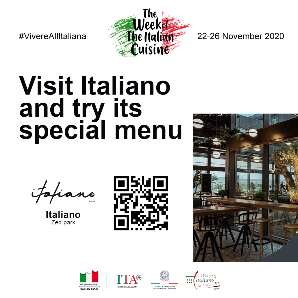 WeekCuisine's tweet photo. A special menu and some of the surprises await you in Italiano during “The Week of the Italian Cuisine” in Egypt from 22  to 26 November 2020. 

Scan this QR code or go to this link to access the special menu:
https://t.co/qdaw3tInFm

#VivereAllItaliana https://t.co/1pPNuAjGTa