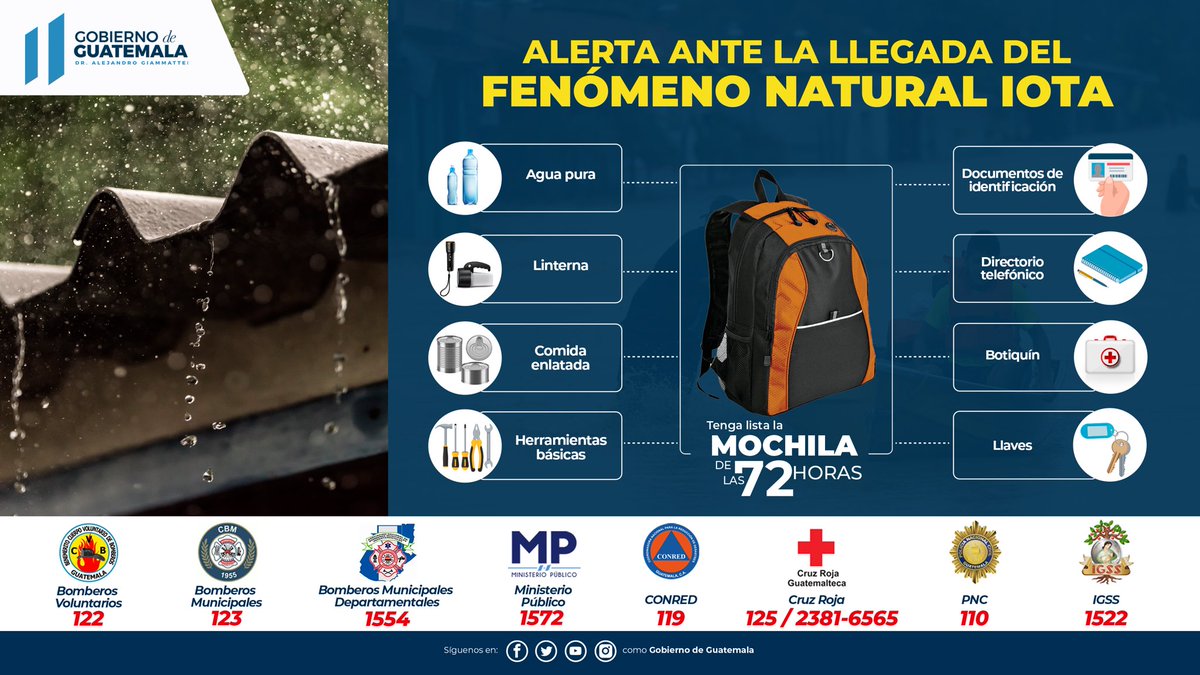 Es muy importante que cada miembro de la familia cuente con una mochila de las 72 horas 🎒. #Iota #FuerzaGuate🇬🇹