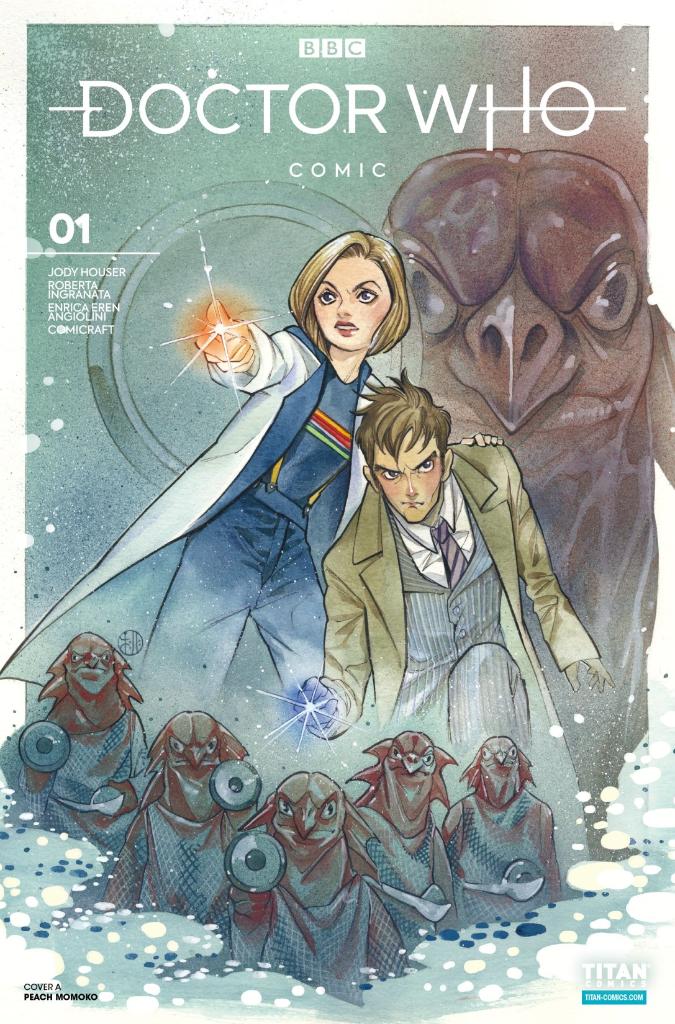 Comixology's tweet photo. After narrowly escaping the Weeping Angels and the Autons in 1960s London, the Tenth and Thirteenth Doctor must team-up once again to save present-day Earth! https://t.co/wcYVqtxTYq
W: @Jody_Houser
A: @Robbertopoli
C: #EricaErenAngiolini
L: @RichStarkings
E: #JakeDevine https://t.co/7pQBaW1Ybw