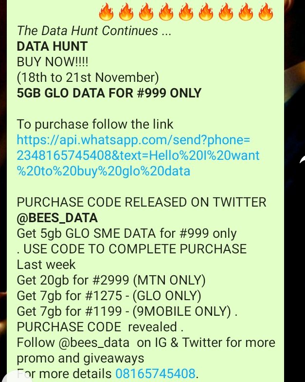 bees_data's tweet photo. 🔥🔥🔥🔥🔥🔥*5GB GLO DATA FOR #999 ONLY*
_The Data Hunt Continues ..._ 
*DATA HUNT* BUY NOW!!!! 
(18th to 21st November) 

To purchase follow the link 
https://t.co/jO176jYhtj
PURCHASE CODE RELEASED ON TWITTER *@BEES_DATA* #datahunt #EndSARS #bees_data https://t.co/KS97ZtHHFW