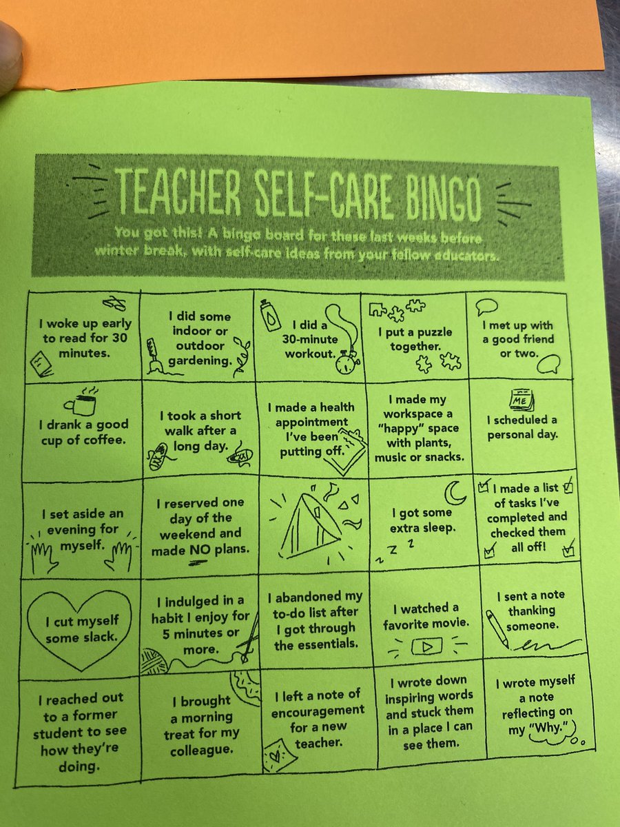 DrCarlosGrant's tweet photo. Adult Self Care is so important. Check out our @WadeHampton_HS Teacher Self Care Bingo. Our Better Selves=Better outcomes for students. https://t.co/VPaAcTgyyn