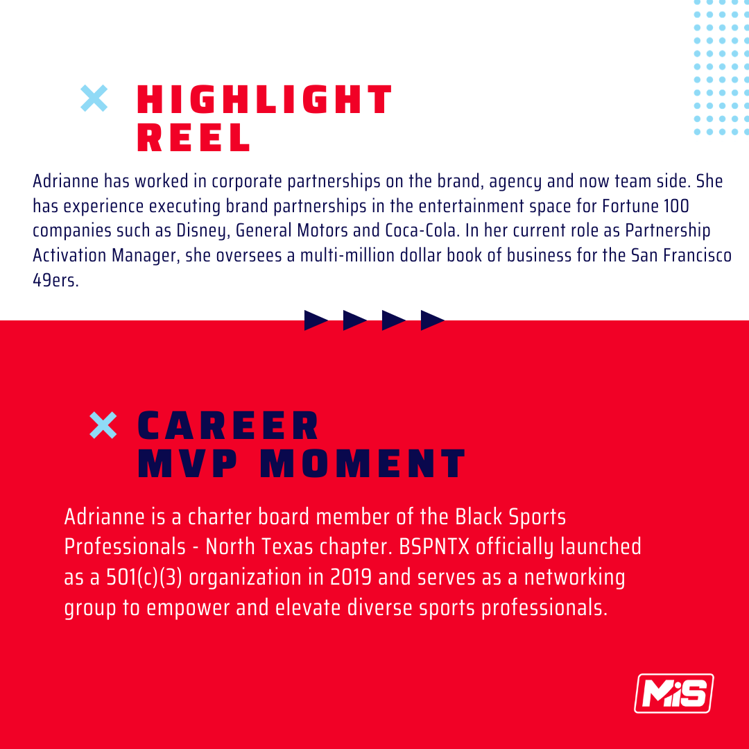 MiSportsBiz's tweet photo. #MiSatWork: Our next MiS Pro member highlight, Adrianne Bright. Bright recently took her talents to the 49ers as the new partnership activation manager.Β Check below to learn more! https://t.co/NIXBss9CnM