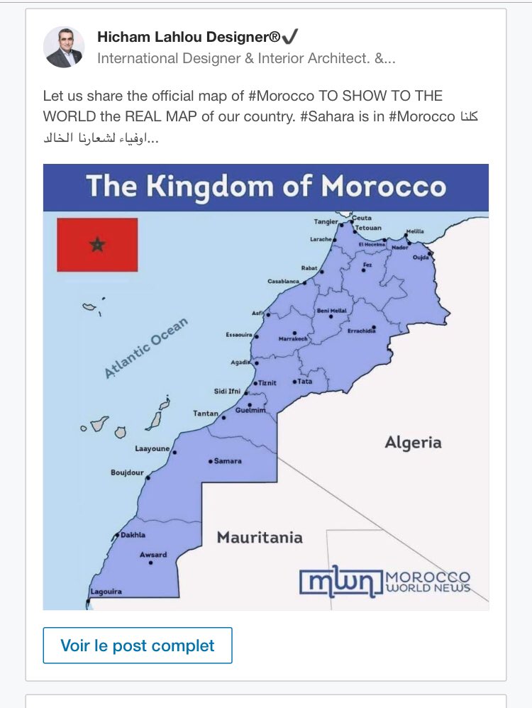 WalidBox's tweet photo. Post #LinkedIn supprimé  et/ou bloqué par le #designer : 
Un nouveau #design au service du #colonialisme ... c’est triste 
Vive la #liberté des peuples ... tous les peuples .
#cartedumonde #onu : 
https://t.co/QuLChGq0oC
#saharaoccidental #westernsahara #lastcolony #africa https://t.co/hQKNnWhM0H
