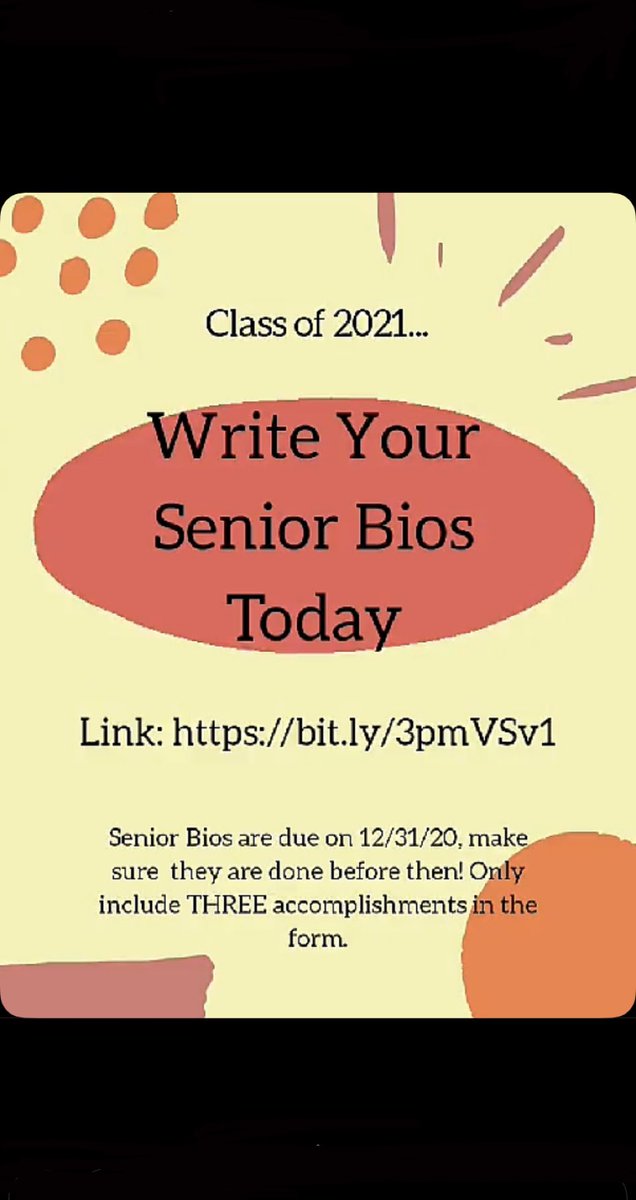 RoundUpCCHS's tweet photo. Hey @cchs2021 seniors! Please make sure to keep on submitting your: 
-senior quotes
-senior bios
-kindergarten photos https://t.co/U3tmI9mjzx