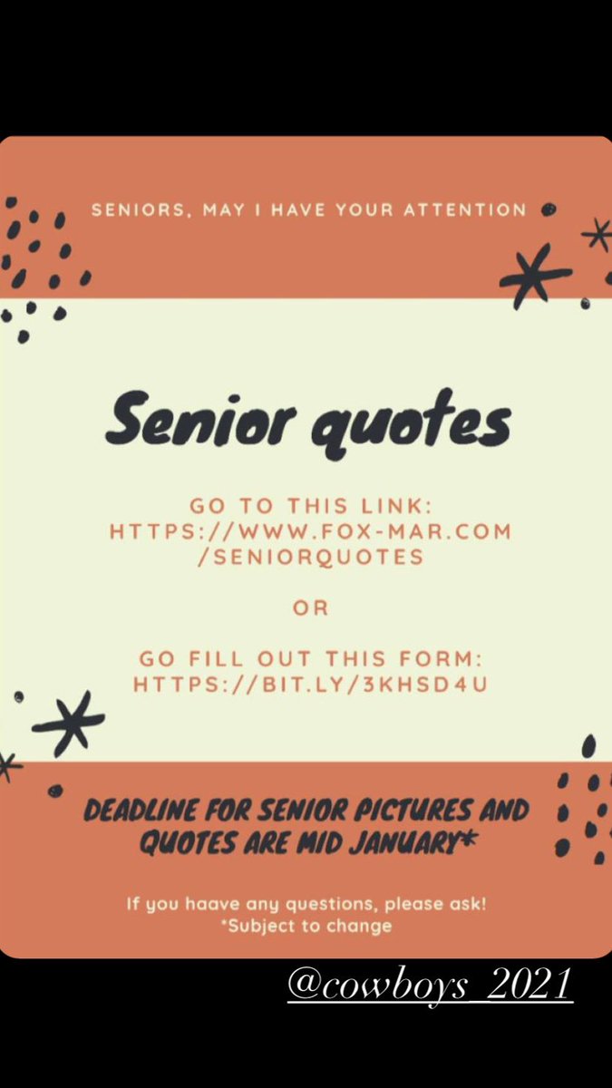 RoundUpCCHS's tweet photo. Hey @cchs2021 seniors! Please make sure to keep on submitting your: 
-senior quotes
-senior bios
-kindergarten photos https://t.co/U3tmI9mjzx
