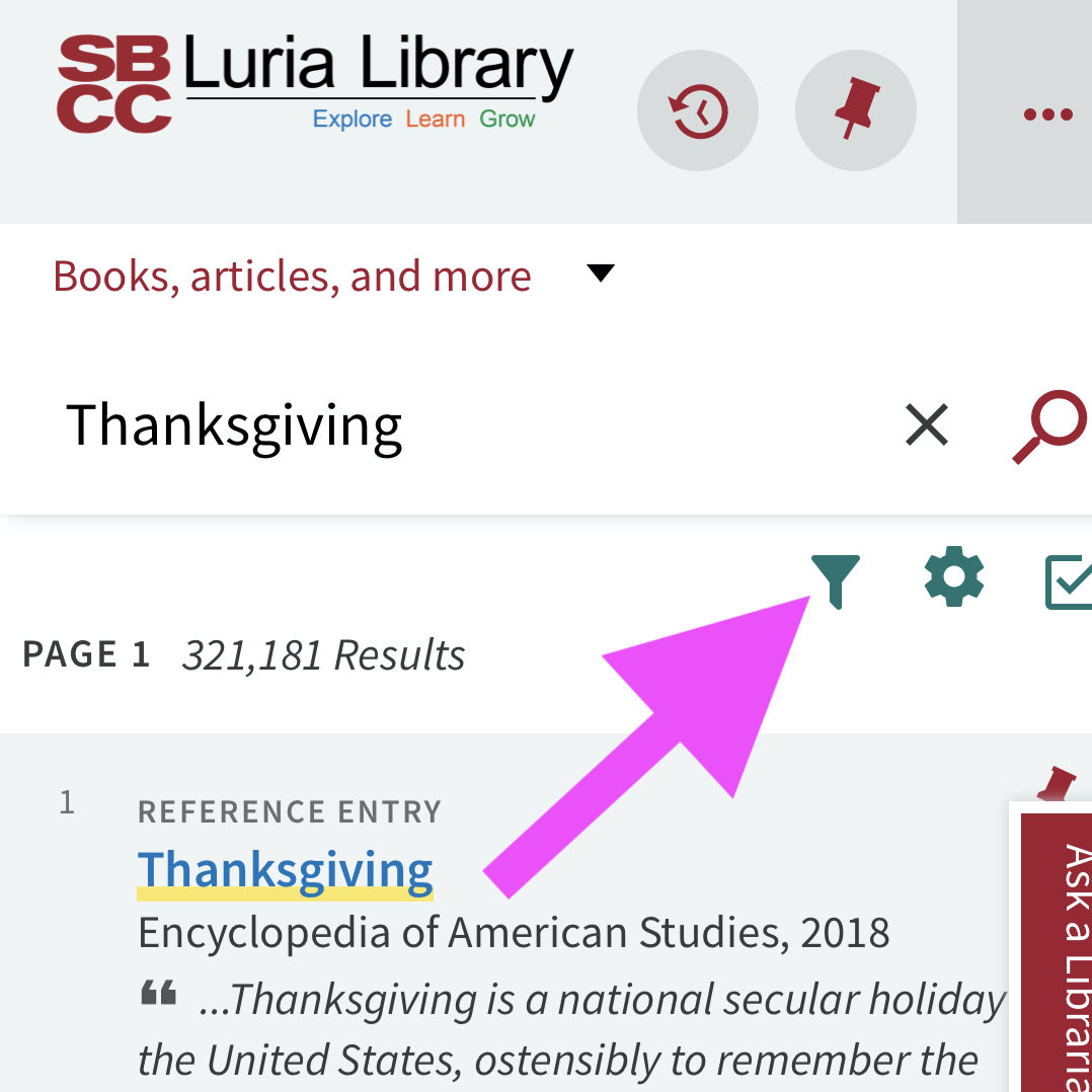 LuriaLibrary's tweet image. Filter your results in #OneSearch on your mobile device. Just touch the little funnel at the top and see all your options. #LuriaLibrary #SantaBarbaraCityCollege #Research
