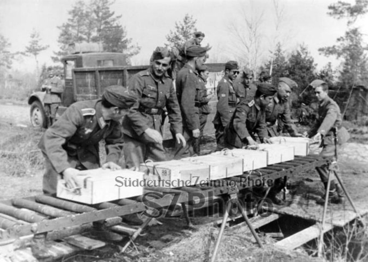 Loading of ammunition boxes (Patronenkasten 88)There were 2 types of wooden 7.92 box. Pic 2 zinc lined with metal fittings & a simplified version in pic 3 that had leather catches & cloth handles. It contained 1.5k rounds in 5 300rnd cardboard boxes subdivided by 20x15.50)