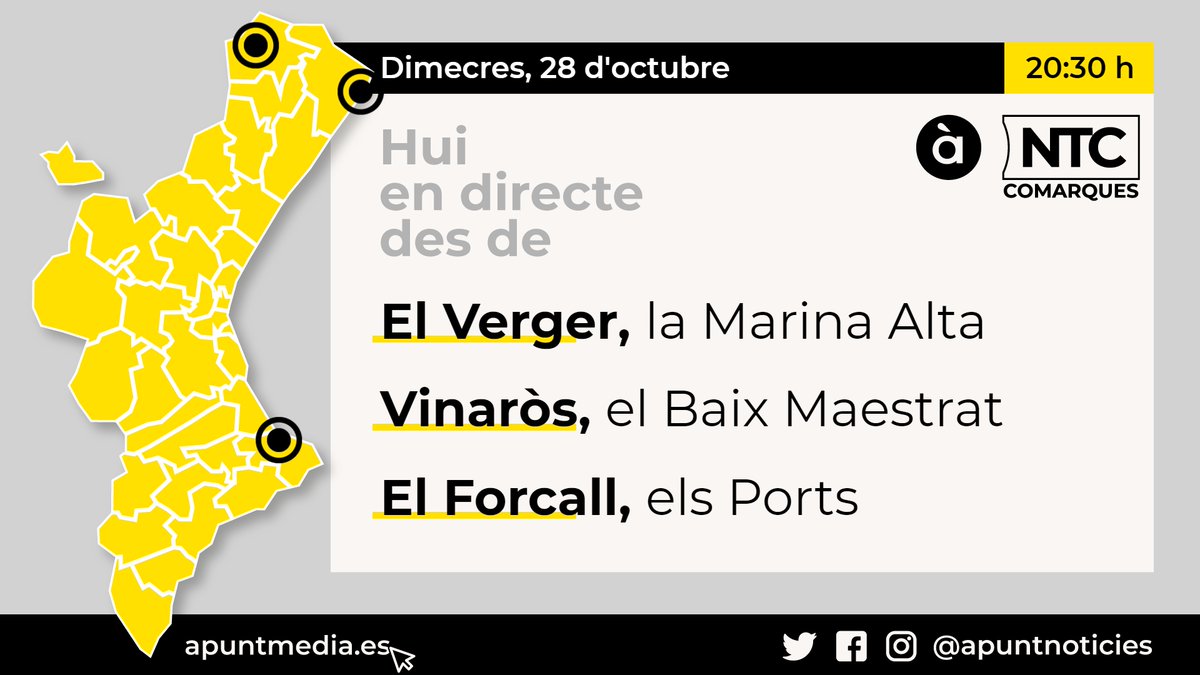apuntnoticies's tweet photo. #NTCcomarques | Hui visitem:

#ElVerger ➡ Polèmics anuncis que denuncien el masclisme
#Vinaròs ➡ Creixement de la incidència del coronavirus
#ElForcall ➡ Problemes amb la cobertura de telefonia mòbil i fibra òptica

📺 20:30 h
▶️ Segueix-ho també ací 👉 https://t.co/h70V1fRZTv https://t.co/SxwznTEQ3h
