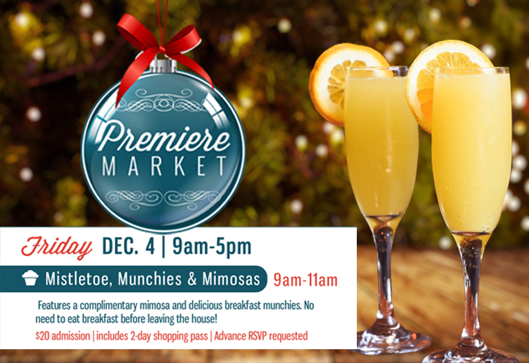 bvso's tweet photo. Make your reservation for Premiere Market's Mistletoe, Munchies and Mimosas! Indulge in a complimentary mimosa OR a non-alcoholic alternative as well as safely prepared goodies and gourmet coffee bar. Admission is $20 which includes the 2-Day Shopping Pass. https://t.co/cVVcWEdhTz