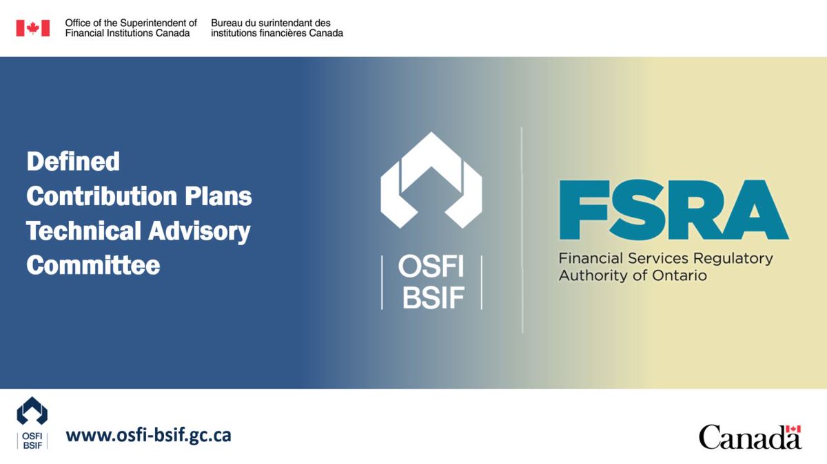 OSFICanada's tweet photo. OSFI and @FSRA_News are pleased to announce 18 new members to our advisory committee on defined contribution plans. We would like to thank applicants who took the time to apply. For more info and the list of members 👉 https://t.co/hDqDNFveWS #CdnPensions https://t.co/HFGEJcJF23