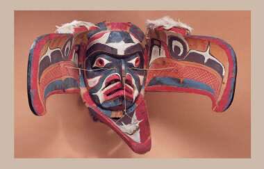 Materials often included cedar wood, feathers, sinew, cord, bird skin, hide, plant fibers, cotton, iron, and pigments. The masks were worn during a “potlatch” which represented a transformation from animal to human