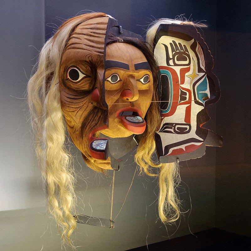 Materials often included cedar wood, feathers, sinew, cord, bird skin, hide, plant fibers, cotton, iron, and pigments. The masks were worn during a “potlatch” which represented a transformation from animal to human