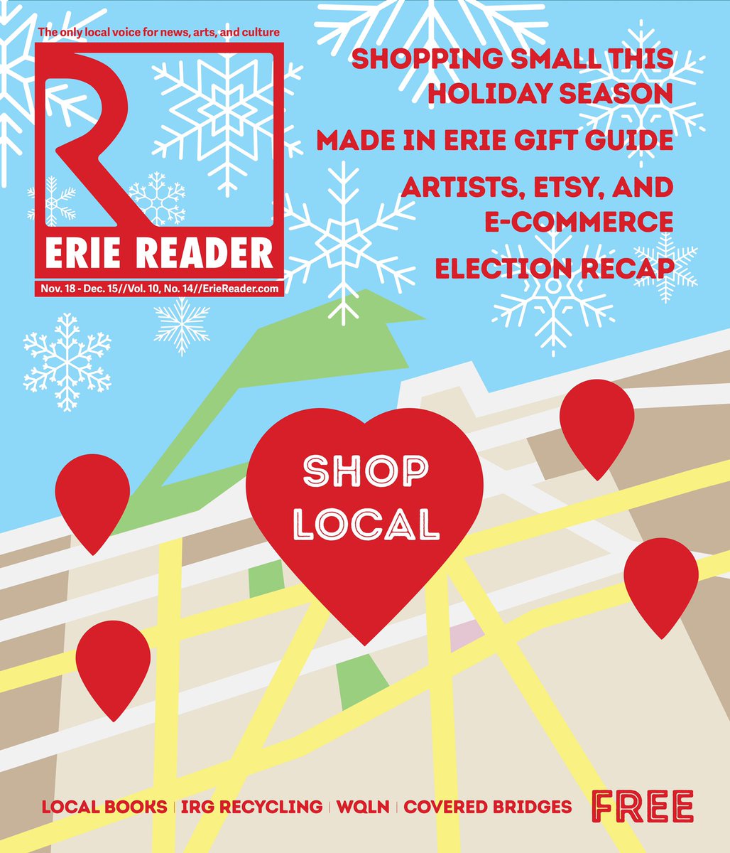 ErieReader's tweet photo. New issue out today online and on select newsstands throughout the day! #ShopSmall #ShopLocal #MadeinErieGiftGuide #ElectionRecap #AltWeekly #EriePA #News #Art #Culture
Cover Design: @newwavecrashing https://t.co/NnFoAiWFWu