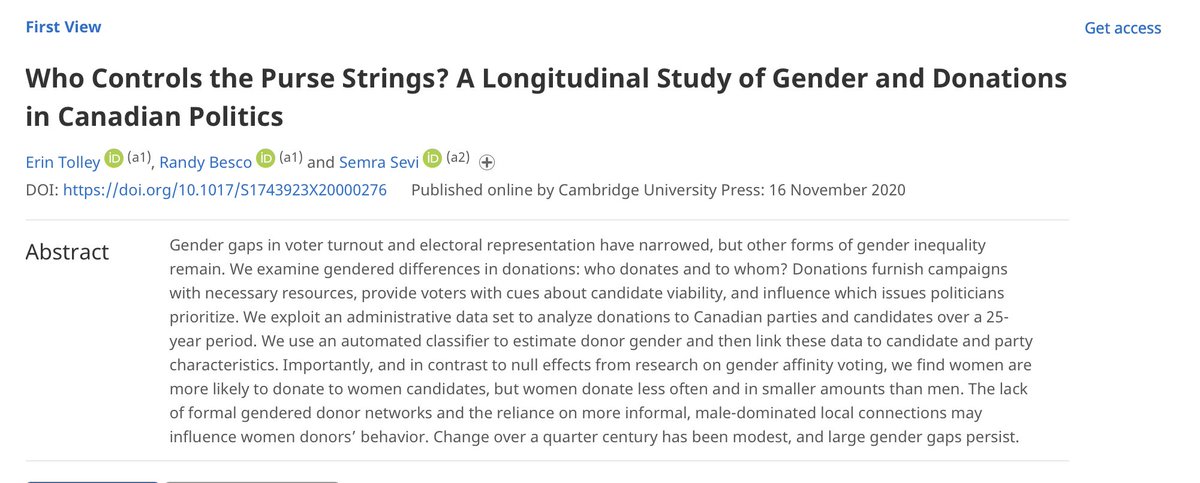 NEW PUBLICATION  @PoliticsGenderJ  @randybesco,  @semrasevi and I examine ~ 5 million donations to Canadian political parties and candidates over a 25-year period. Are donations gendered? /1  https://www.cambridge.org/core/journals/politics-and-gender/article/who-controls-the-purse-strings-a-longitudinal-study-of-gender-and-donations-in-canadian-politics/C9022C261315FB306100D76998871AB8
