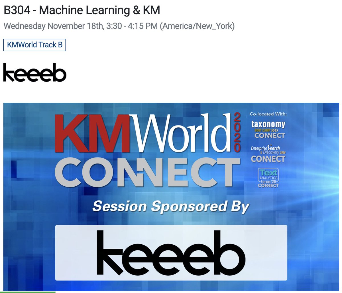 sidprobstein's tweet photo. Looking forward to discussing Machine Learning &amp; Knowledge Management at #KMWorld today at 3:30 pm EST, session B304 with @dseuss &amp; @tbarfield1 #km #ai #ml #knowledge #search #sharing #keeeb https://t.co/f98aT3L1QL