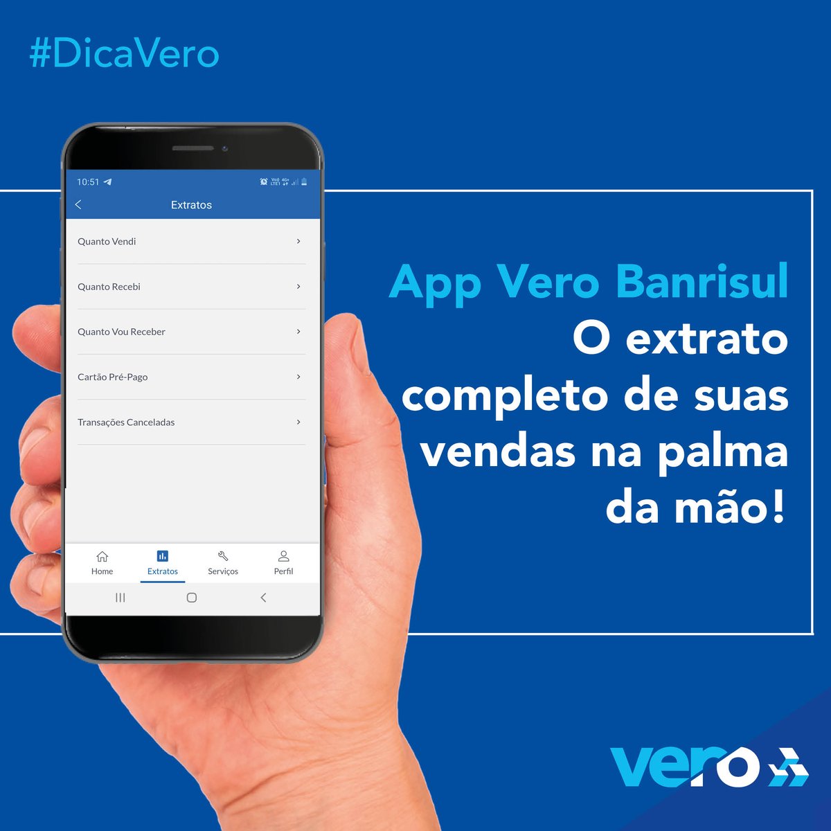 sejavero's tweet photo. Com o app da Vero, você gerencia suas vendas de uma forma prática e simples. Na opção “extratos”, você consulta o valor detalhado das vendas por bandeira e período selecionado. Baixe o app Vero Banrisul e faça a gestão do seu negócio na palma de sua mão. 📲😉

#sejavero https://t.co/GN5jl4lB7Q