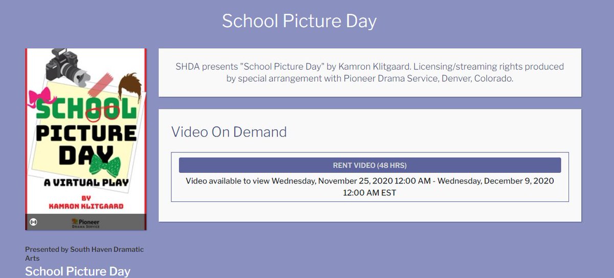 SHDramaticArts's tweet photo. Our latest virtual production, "School Picture Day" will be available as a Video On Demand from Nov 25-Dec 9, 2020.  Ticket pricing is $12 per household. Tickets can be purchased here: https://t.co/iY4uHaijlW

Thank you for supporting SHDA and our students during this time! https://t.co/aDyzLC4gnf