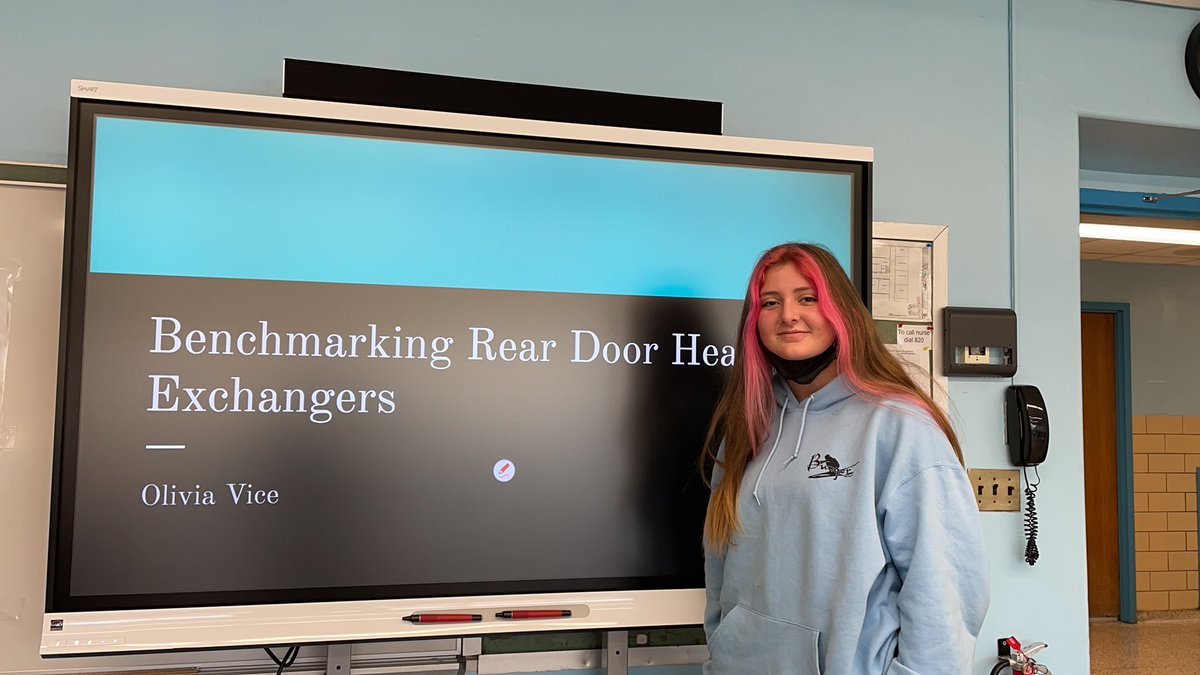DMunPhysicsPhun's tweet photo. Science national honor Society president Olivia Vice is presenting Her research from this summer at Brookhaven national labs on benchmarking rear door heat exchangers https://t.co/gOpnduIaod