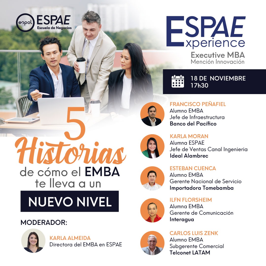 espae's tweet photo. Conoce cómo el EMBA con mención en Innovación de ESPAE te puede llevar a un nuevo nivel profesional, a través de las historias de cinco de nuestros alumnos, acompáñanos hoy en este #EspaeExperience a las 17h30.

Registros ▶️https://t.co/sbAPe7CAmE https://t.co/3a0vxVXfWj