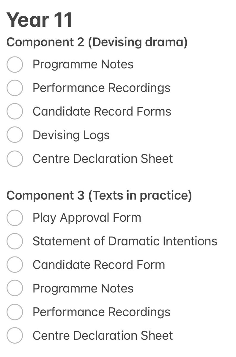 MrColesDrama's tweet photo. Teachers of #AQAGCSEDrama!
I am trying to sort my paperwork out before I leave my school at Christmas.
Is there anything obvious I’ve forgotten from my list, please? https://t.co/ahKaVqa6Ug