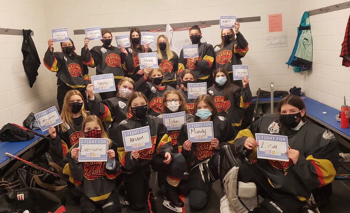 HockeyRegina's tweet photo. The U13A Falcons and the U13C Rebels Gold letting us know who they fight for!
#HFC2020 #HockeyFightsCancer https://t.co/nqqUFvVIZd
