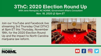 NC_NORML's tweet photo. Join our Third Thursday Chat tomorrow at 8 pm to discuss the changes in the NC General Assembly and what it means for the future of cannabis in NC! #legalizeit #smokethevote #norml #ncnorml https://t.co/Rz8lynPA3r
