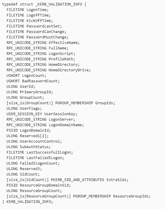 The logon info structure contains group membership SIDs plus metadata like when your password is going to expire, how many logons you've done on a DC, etc.