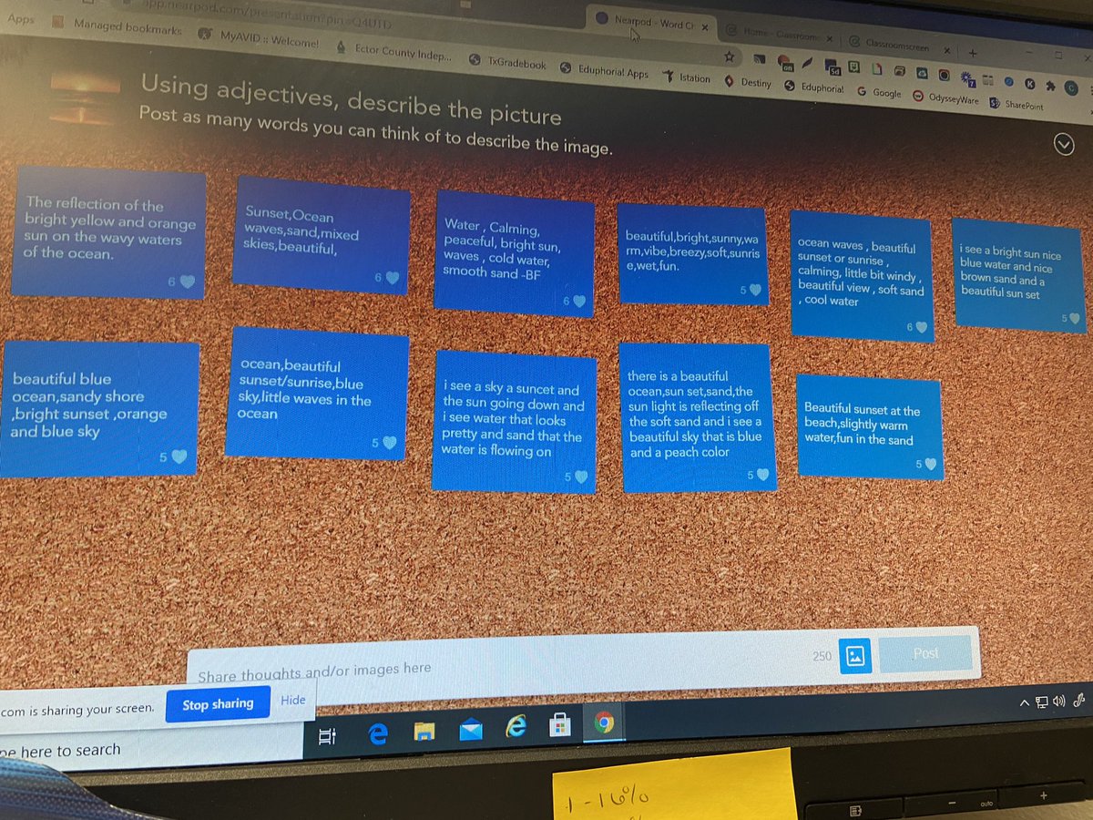 MsGlvn's tweet photo. Using @nearpod as we get our Word-Choice Juices flowing. Word-choice Activity then they dive back into our Memoirs &amp; polish them up.
❤️👂🏼how they would describe &amp; to see what others thought. 🥰😍
#WritingProcess #WICORizing #HornedFrogStrong 
@BowieMSOdessa @ECISD_AVID4ALL https://t.co/KWyibSbee0