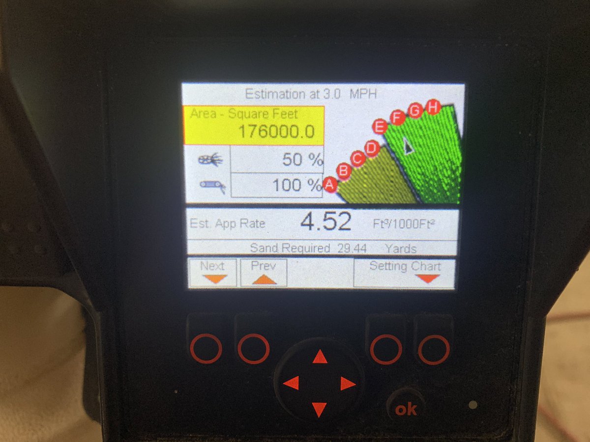 girardredwine's tweet photo. What we put out topdressing on greens 2 weeks ago...and what we are putting out tomorrow. Should be a nice final blanket. Oh yeah, we overlap 50% due to all the slopes & undulations to maintain the most uniform coverage. So double those numbers. Love this @TurfcoGolf technology. https://t.co/hvYVjbOKyU