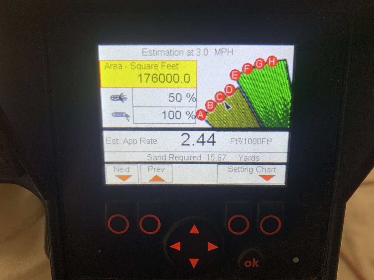 girardredwine's tweet photo. What we put out topdressing on greens 2 weeks ago...and what we are putting out tomorrow. Should be a nice final blanket. Oh yeah, we overlap 50% due to all the slopes & undulations to maintain the most uniform coverage. So double those numbers. Love this @TurfcoGolf technology. https://t.co/hvYVjbOKyU