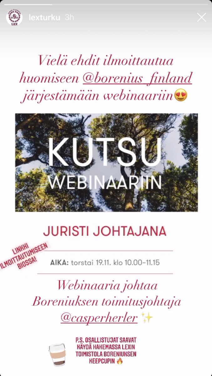 Huomenna luvassa #juristijohtaminen asiaa ⁦<a href="/LexTurku/">Lex ry</a>⁩’läisille🎬📹🎙💻 Tervetuloa linjoille👍 ⁦@BoreniusFI⁩
