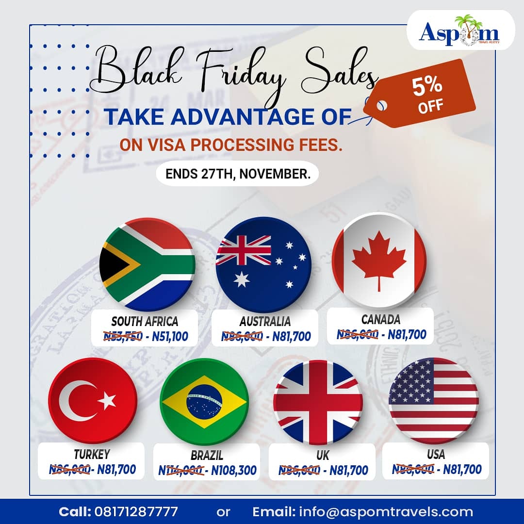 aspomtravels's tweet photo. Black Friday Price Slash!! π₯³π₯³π₯³
Take advantage of 5% off on visa processing feesππ
.
Prices cover processing fee only
T&C apply.
Offer valid till 27th November, 2020
.
Send a DM now, let's process your visa application.
#aspomtravels #aspombirthservices #blackfridaydeals https://t.co/gW9N4Aki0r