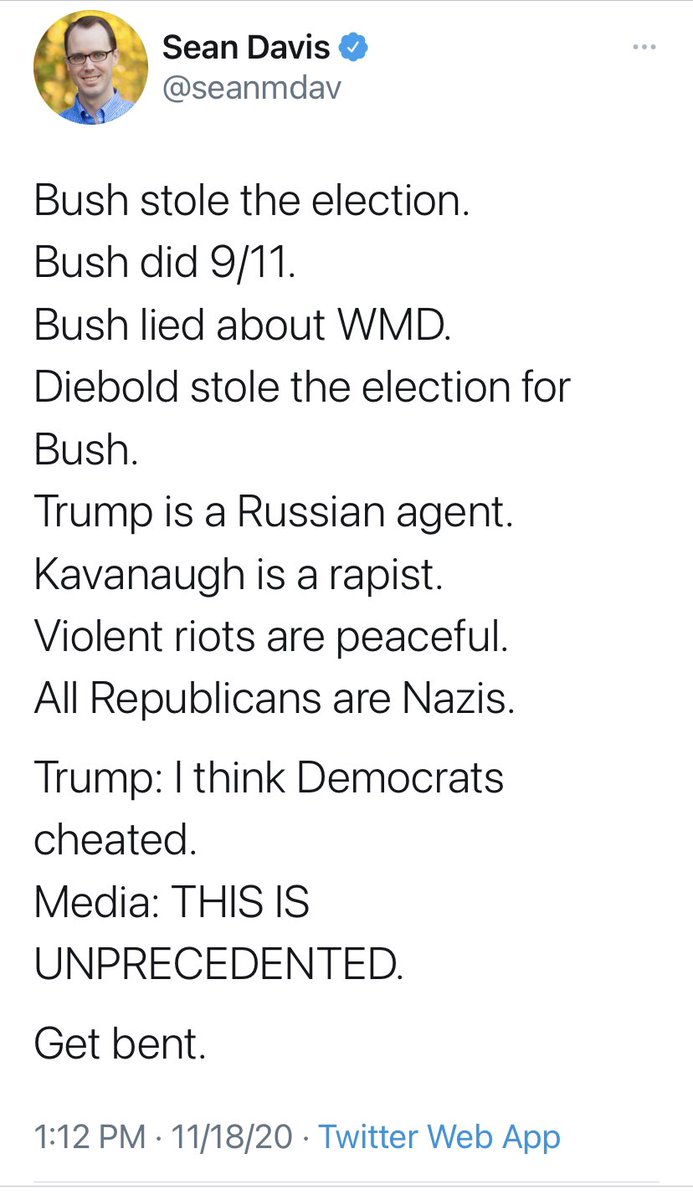 It’s easy to mix conspiracy theory whackiness with real issues in order to attack the unassailable truth that Trump’s attempts overthrow the results of this election, and Republican senators’ willingness to go along with it, is unprecedented. But fine, I’ll play.