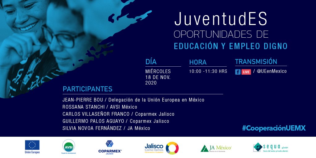 UEenMexico's tweet photo. #CooperaciónUEMX 🇪🇺🇲🇽 | La Unión Europea, @AvsiMexico, @ComCoparmex, @jaliscomovamos, @sequa_gGmbH
y @JAMexico_org lanzan proyectos para la inserción laboral de juventudes en Oaxaca y Jalisco.

🔹️Comunicado: https://t.co/i6r6e5Wt1H
🔹️Transmisión: https://t.co/SyXmXqjQNp https://t.co/F5iRo1lcYv