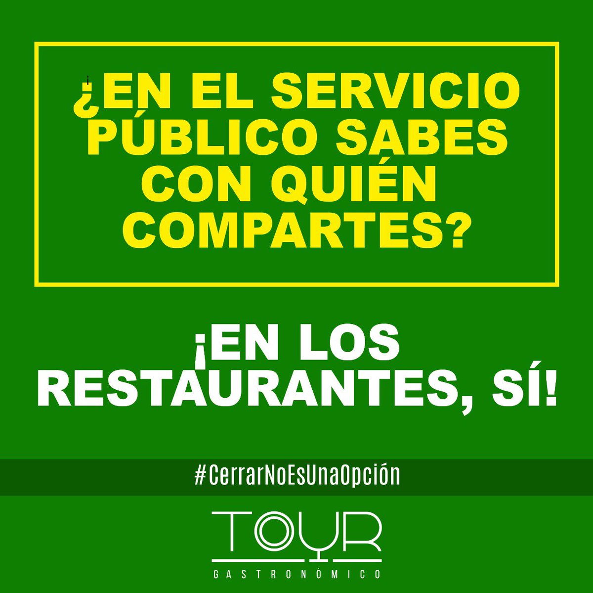 Los restaurantes Afiliados al Tour Gastronómico cumplimos con los protocolos de bioseguridad, queremos que cuando nos visites te sientas seguro y tranquilo.
Necesitamos el compromiso de todos los comensales para continuar cuidándonos.
CERRAR NO ES UNA OPCIÓN.
⚠️ ¡CUIDÉMONOS! ⚠️